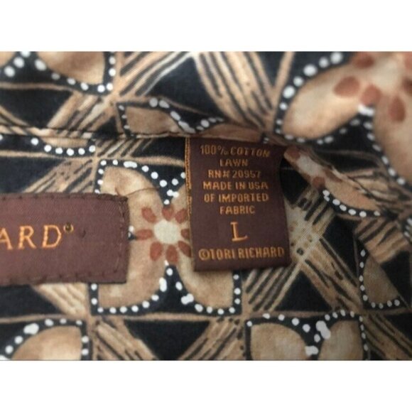 TORI RICHARD Short Sleeve Shirt Size Large Hawaiian Cotton Lawn Black Tan Print - Picture 4 of 8
